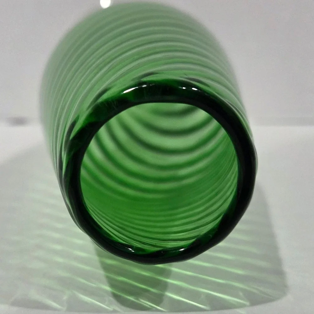 Vintage Emerald Green Optic Swirl Glass Bud Vase Clear Twisted Stem 12.75